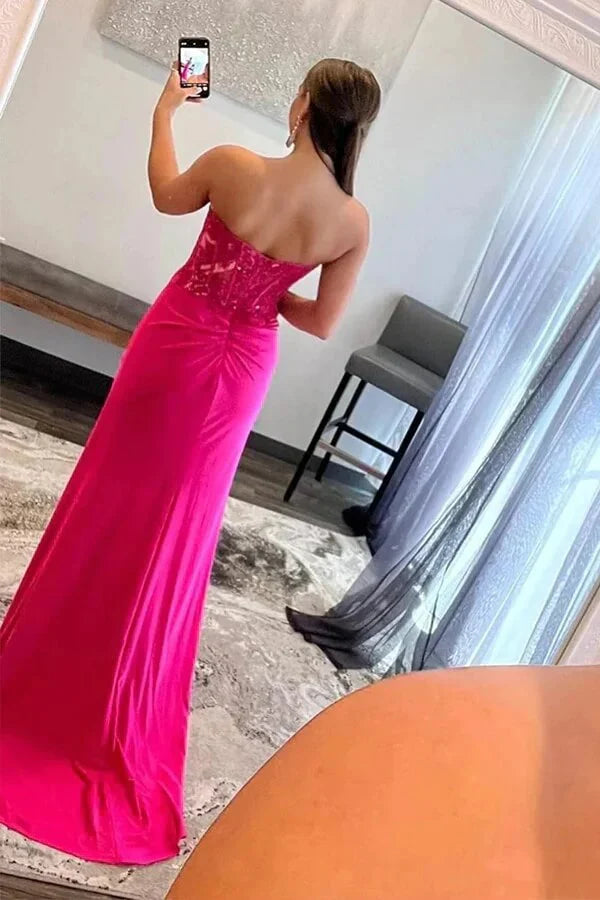 Mermaid Satin Strapless Lace Appliques Prom Dresses With Slit