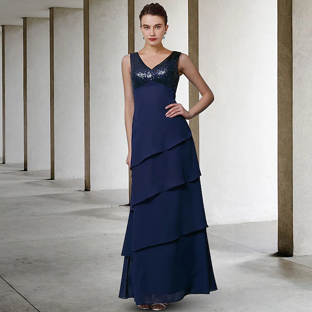 A-Line Mother of the Bride Dress Elegant V Neck Floor Length Chiffon Sequined Sleeveless Wrap Included with Sequin Ruffles