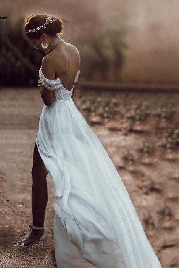 A-line Lace Off The Shoulder Backless Chiffon Split Ivory Wedding Dresses