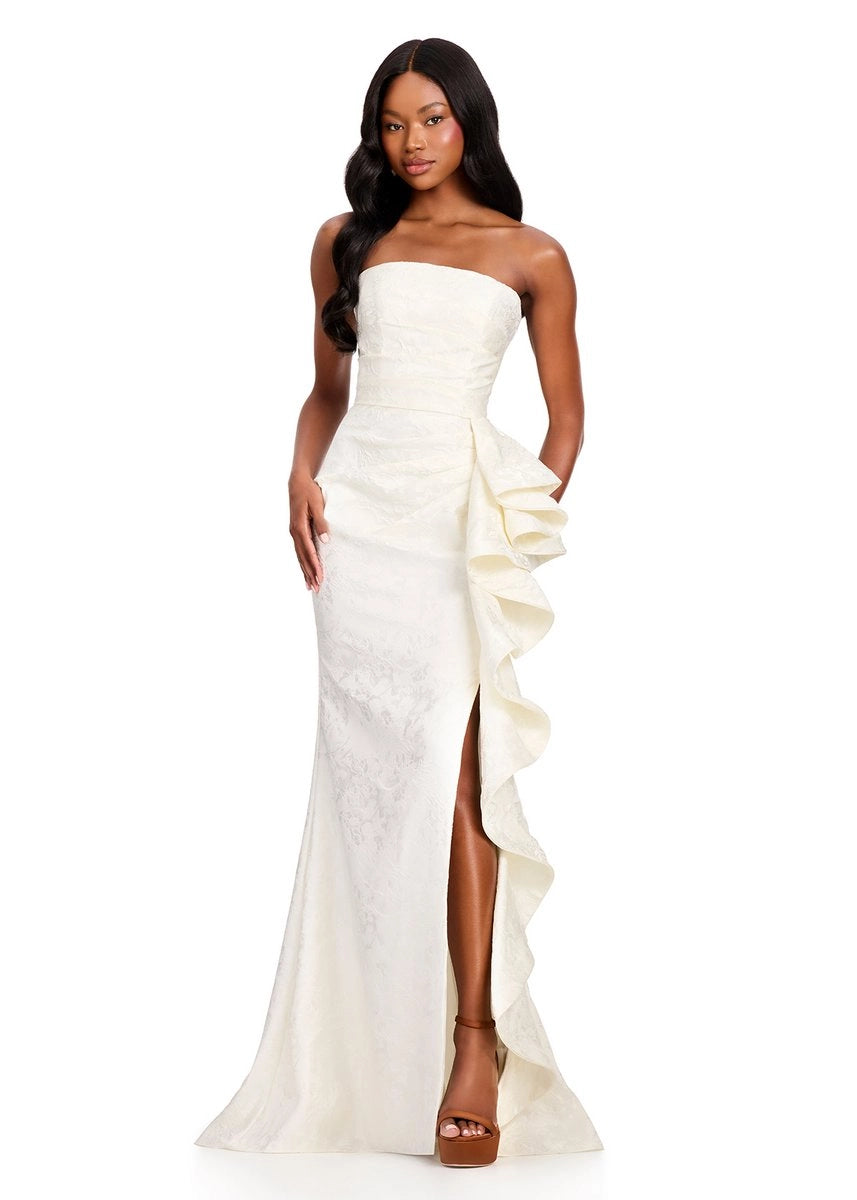 Strapless Ivory Jacquard Mermaid Ruffle Slit Prom Dress Train