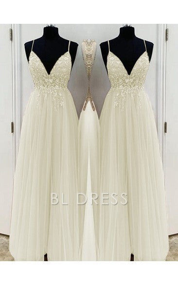 A-Line/Elegant Spaghetti Straps Sleeveless Beading Tulle Floor-Length formal dresses Bridesmaid Dresses evening gown Prom Dress With Split