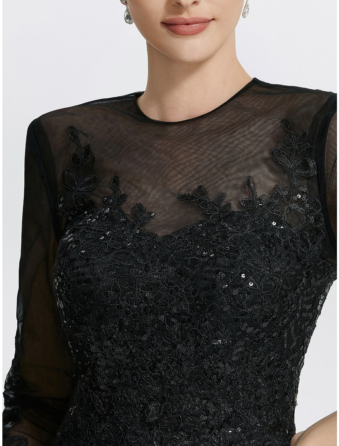 Meerjungfrau/Trompete Etuikleid/Säule Abendkleid Elegantes Kleid Formal Bodenlang Langarm Schmuckhals Spitze mit Applikationen