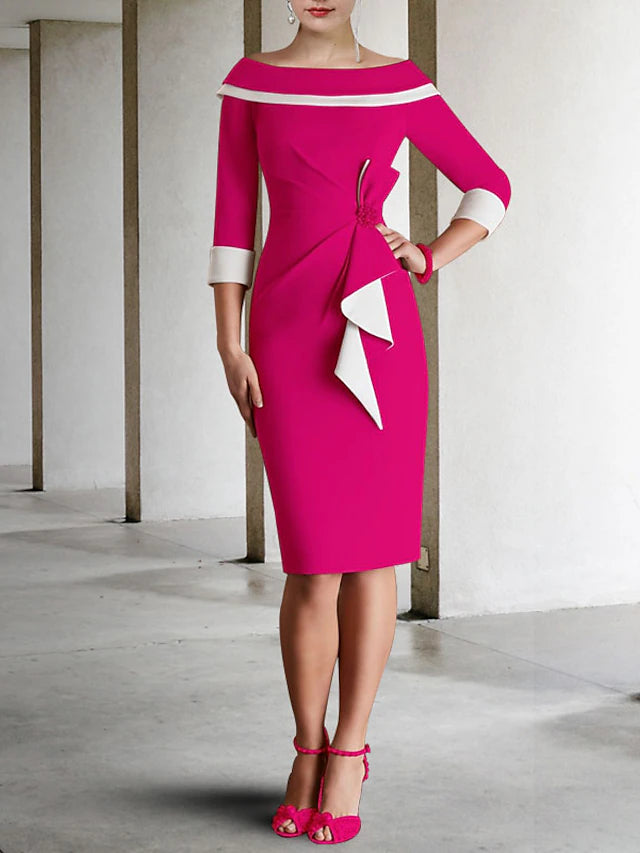 Sheath / Column Mother of the Bride Dress Vintage Elegant Off Shoulder Knee Length Stretch Fabric 3/4 Length Sleeve with Bow(s) Color Block