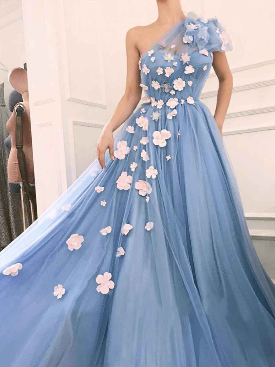 A-line One Shouler Tulle Prom Dresses with Beaded Flowers Formal Evening Dresses