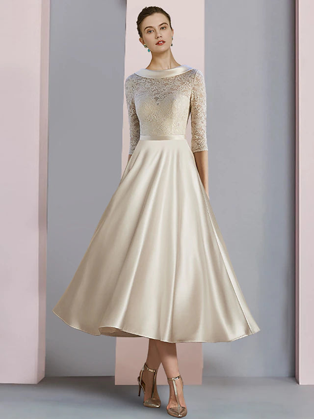 Sheath / Column Mother of the Bride Dress Wedding Guest Party Elegant Scoop Neck Tea Length Satin Lace Half Sleeve with Bow(s) Pleats