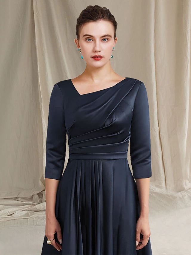A-Line Mother of the Bride Dress Elegant Bateau Neck V Neck Tea Length Satin Half Sleeve with Pleats Ruched