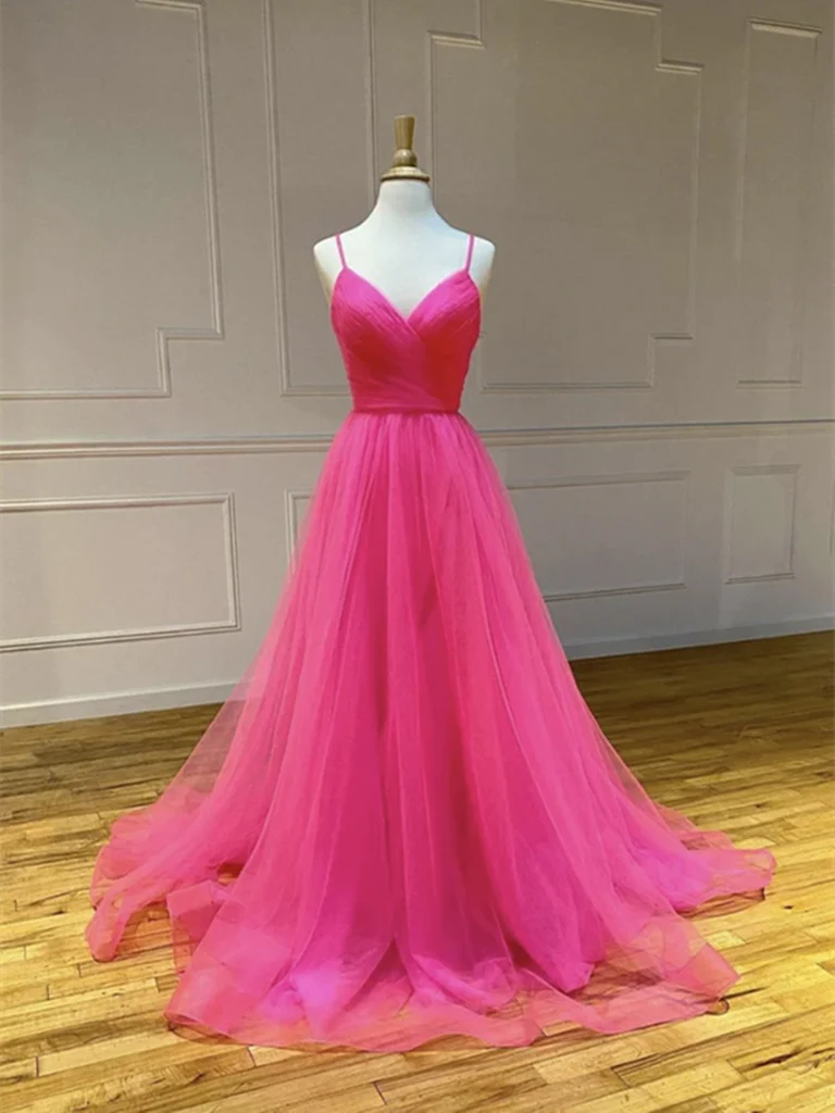 A-line V Neck Backless Tulle Long Prom Dresses Formal Evening Graduation Dresses