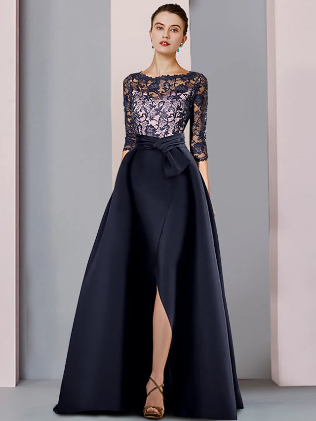 Sheath / Column Mother of the Bride Dress Formal Party Elegant Scoop Neck Sweep / Brush Train Satin Lace Half Sleeve with Bow(s) Split Front