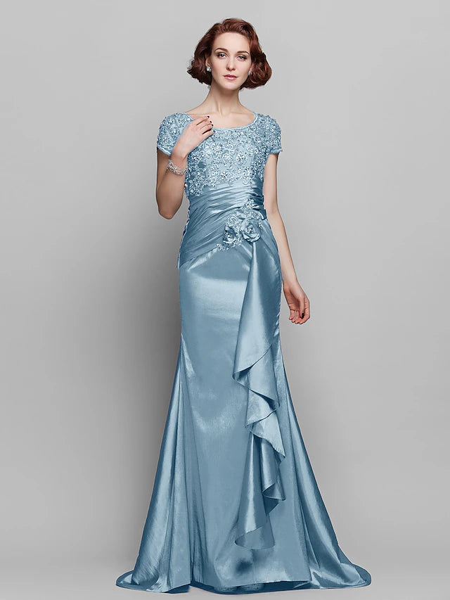 Mermaid / Trumpet Mother of the Bride Dress See Through Scoop Neck Sweep / Brush Train Taffeta Beaded Lace Short Sleeve with Flower