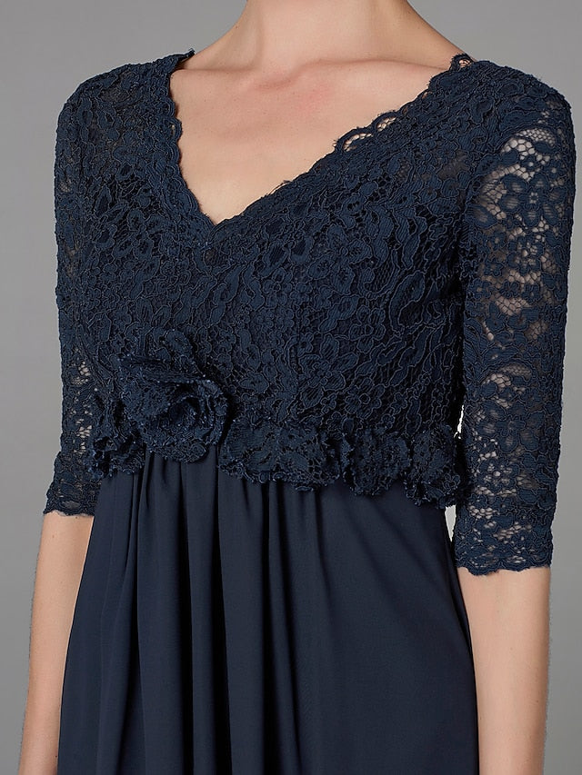 A-Line Mother of the Bride Dress Elegant & Luxurious V Neck Floor Length Chiffon Lace Half Sleeve with Lace Bow(s)