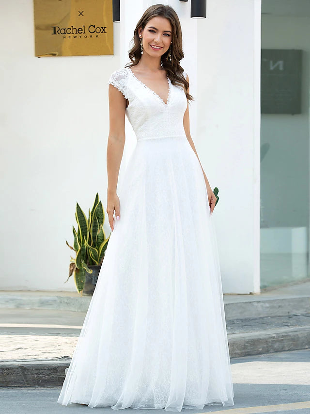 Beach Wedding Dresses Floor Length A-Line Short Sleeve V Neck Lace With Lace