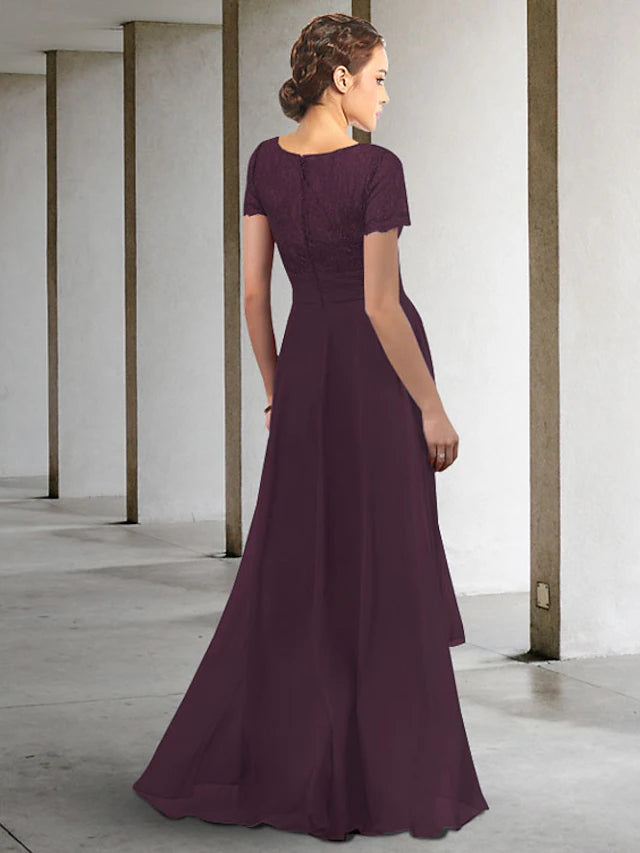 A-Line Mother of the Bride Dress Elegant High Low V Neck Asymmetrical Floor Length Chiffon Short Sleeve with Pleats Ruched