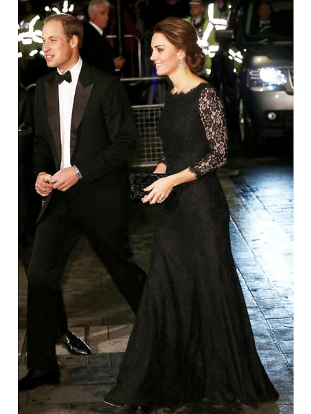 A-Line Elegant Formal Evening Dress Jewel Neck 3/4 Length Sleeve Floor Length Lace with Lace Insert