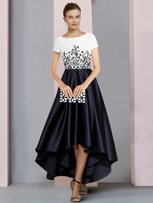 Sheath / Column Mother of the Bride Dress Formal Party Elegant Scoop Neck Asymmetrical Satin Short Sleeve with Pleats Appliques