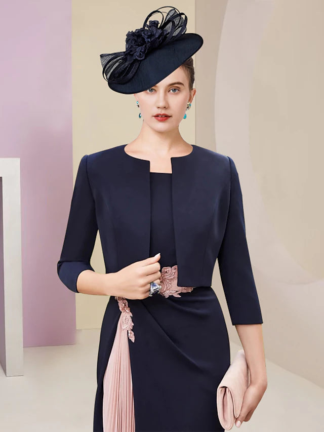 Two Piece Mother of the Bride Dress Wedding Guest Elegant Jewel Neck Knee Length Stretch Fabric 3/4 Length Sleeve with Pleats Appliques