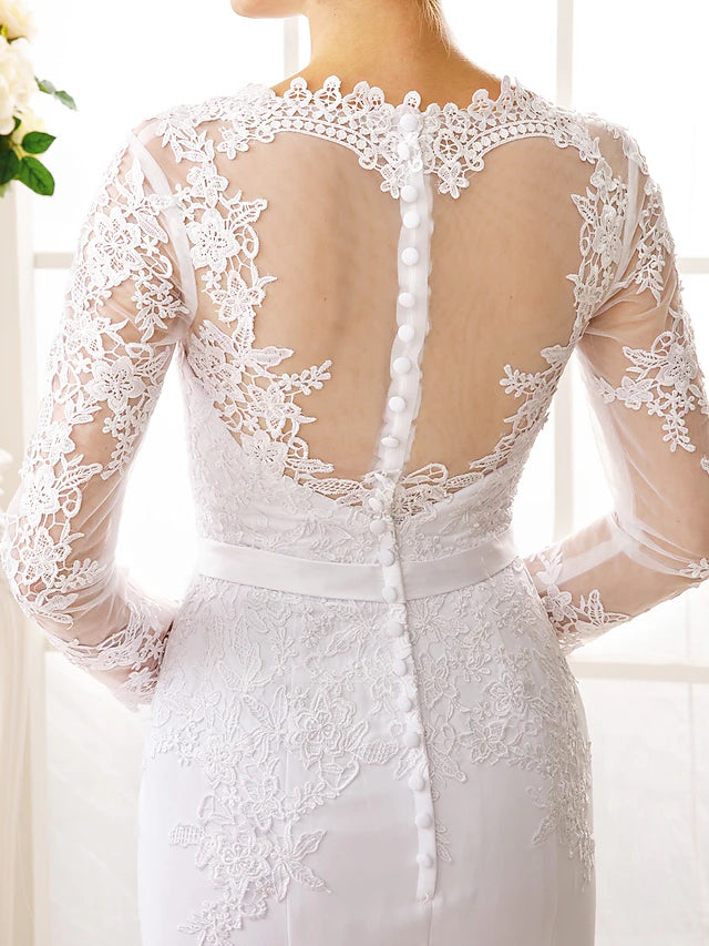 Engagement Open Back Formal Wedding Dresses Court Train Mermaid / Trumpet Long Sleeve Illusion Neck Chiffon With Sash / Ribbon Appliques