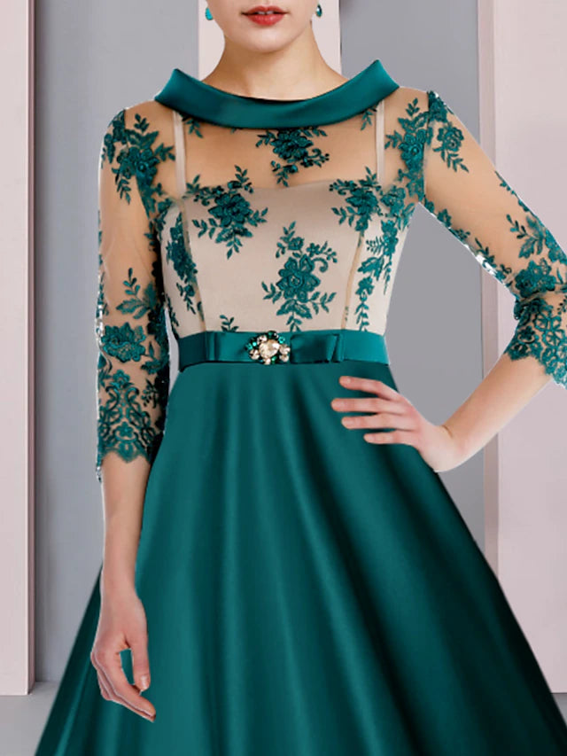 A-Line Mother of the Bride Dress Formal Wedding Guest Party Elegant Scoop Neck Tea Length Satin Lace 3/4 Length Sleeve with Appliques Crystal Brooch