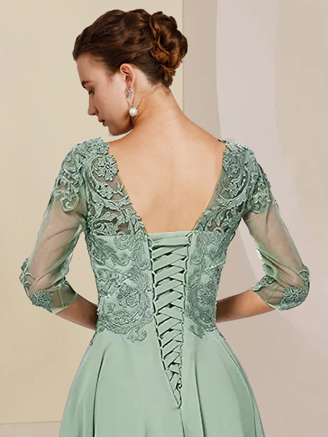 Two Piece A-Line Mother of the Bride Dress Formal Wedding Guest Elegant High Low Scoop Neck Asymmetrical Tea Length Chiffon Lace Half Sleeve Wrap Included with Beading Appliques