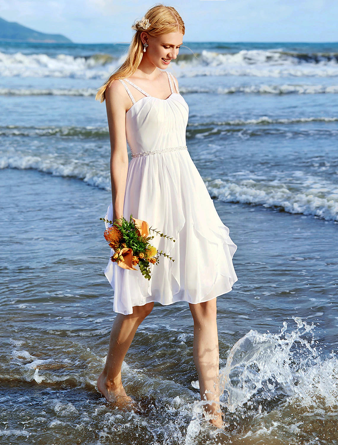 Wedding Dresses A-Line Sweetheart Regular Straps Knee Length Chiffon Bridal Gowns With Sash / Ribbon Ruched