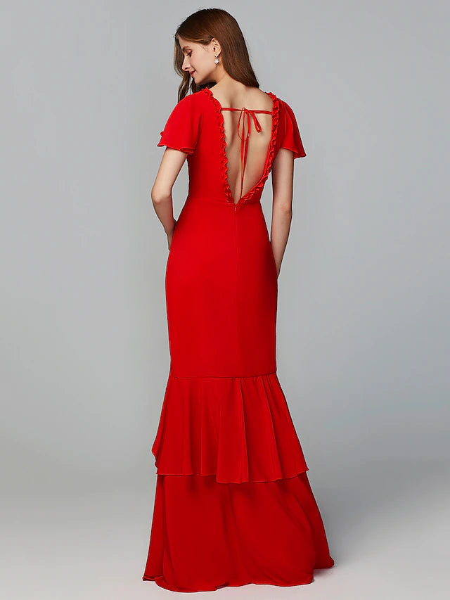 Etuikleid/Säulenkleid für die Brautjungfer, V-Ausschnitt, kurze Ärmel, offener Rücken, bodenlang, Chiffon mit Schlitz vorne