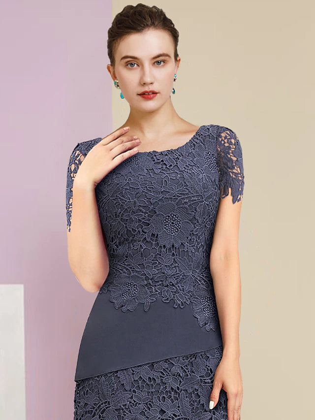 Two Piece Sheath / Column Mother of the Bride Dress Formal Wedding Guest Vintage Elegant Scoop Neck Jewel Neck Knee Length Chiffon Lace Short Sleeve Jacket Dresses with Tier Appliques