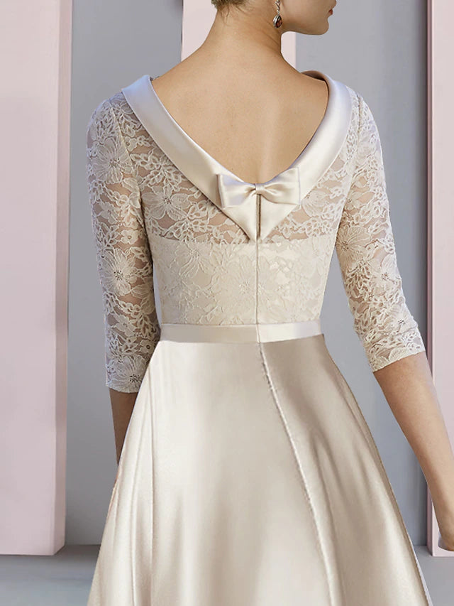 Sheath / Column Mother of the Bride Dress Wedding Guest Party Elegant Scoop Neck Tea Length Satin Lace Half Sleeve with Bow(s) Pleats