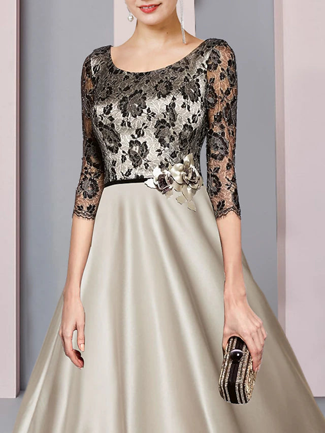 A-Line Mother of the Bride Dress Formal Church Party Elegant Scoop Neck Tea Length Satin Lace Half Sleeve with Flower Color Block