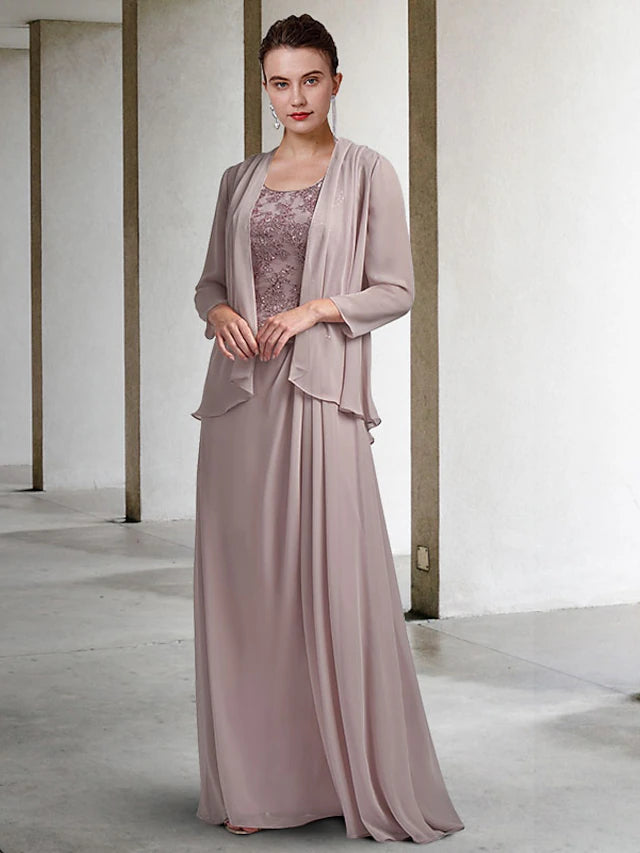 Two Piece Sheath / Column Mother of the Bride Dress Plus Size Elegant Jewel Neck Floor Length Chiffon Lace Sleeveless Wrap Included with Sequin Appliques