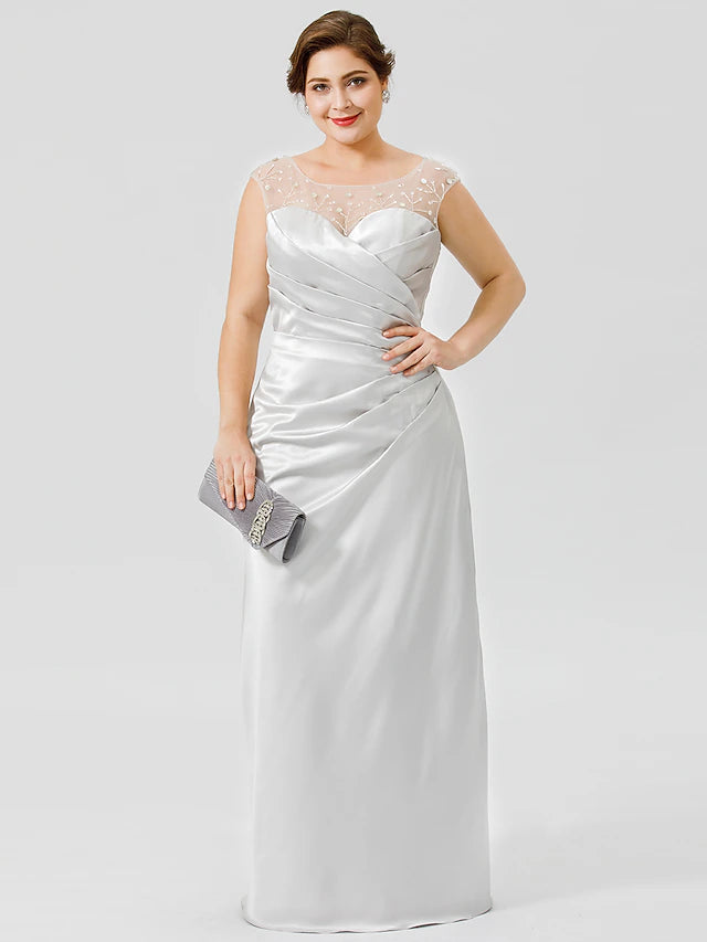 Sheath / Column Mother of the Bride Dress Classic & Timeless Elegant & Luxurious Plus Size Jewel Neck Floor Length Satin Sleeveless No with Pleats Crystals