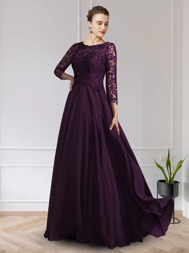 A-Line Mother of the Bride Dress Elegant V Neck Floor Length Chiffon Lace Long Sleeve with Appliques