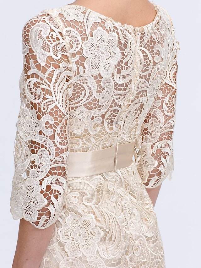 Etuikleid/Säulenkleid für die Mutter der Braut, formeller Hochzeitsgast, Übergröße, elegant, Illusionsausschnitt, knielang, durchgehende Spitze, 3/4-Ärmel mit Schleife(n)