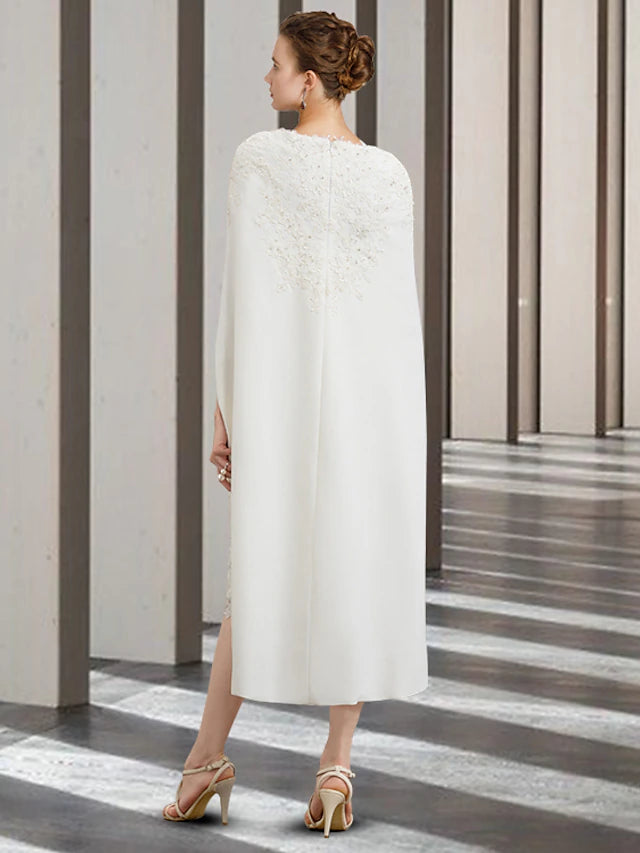 Two Piece Sheath / Column Mother of the Bride Dress Church Elegant Jewel Neck Knee Length Chiffon Lace Sleeveless with Beading Appliques