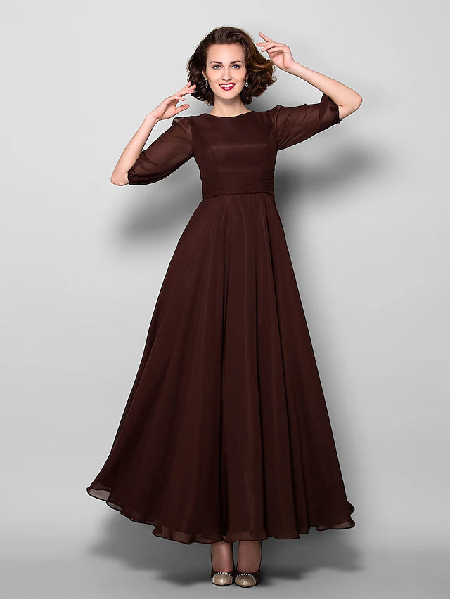 A-Line Mother of the Bride Dress Elegant Jewel Neck Ankle Length Chiffon Half Sleeve with Sash / Ribbon Ruched