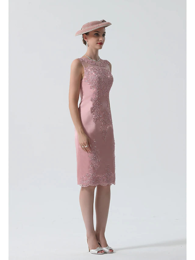 Sheath / Column Mother of the Bride Dress Vintage Plus Size Jewel Neck Knee Length Satin Lace 3/4 Length Sleeve Jacket Dresses with Appliques