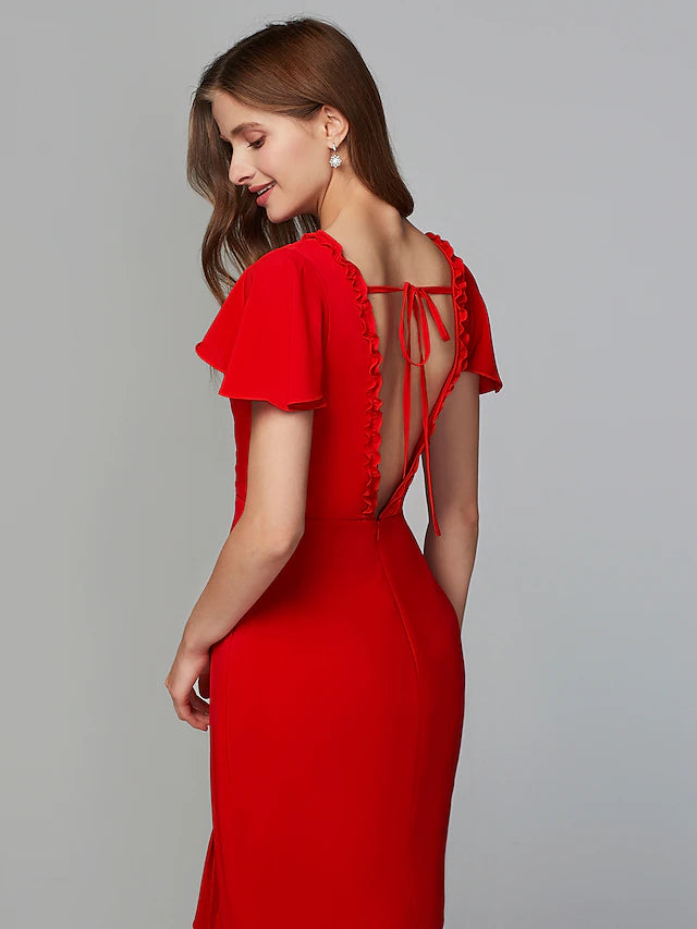 Etuikleid/Säulenkleid für die Brautjungfer, V-Ausschnitt, kurze Ärmel, offener Rücken, bodenlang, Chiffon mit Schlitz vorne