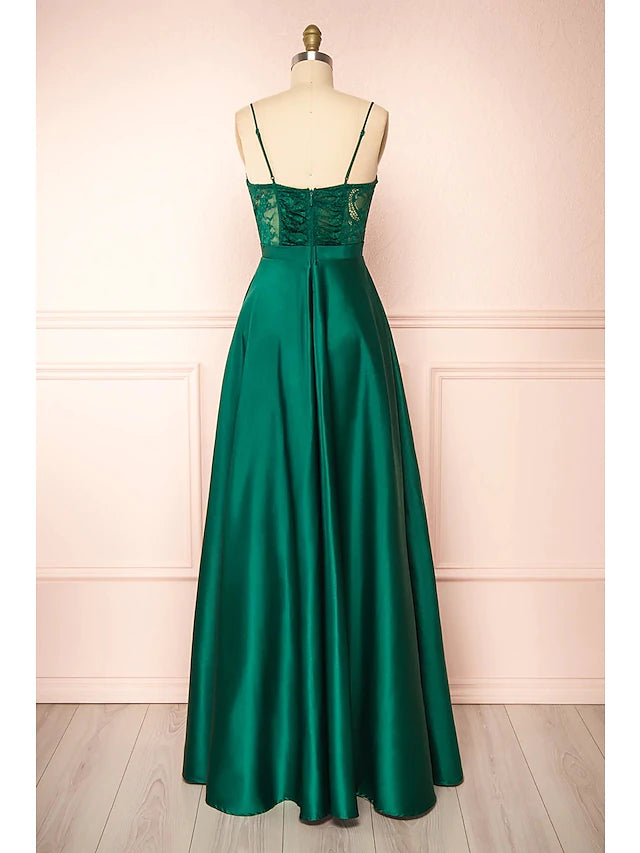 A-Line Prom Dresses See Through Dress Formal Floor Length Sleeveless Sweetheart Satin Backless with Appliques