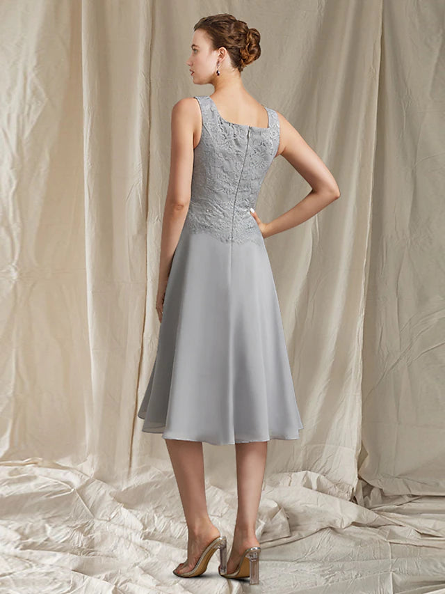 Two Piece A-Line Mother of the Bride Dress Church Elegant Jewel Neck Knee Length Chiffon Lace Sleeveless Wrap Included with Appliques