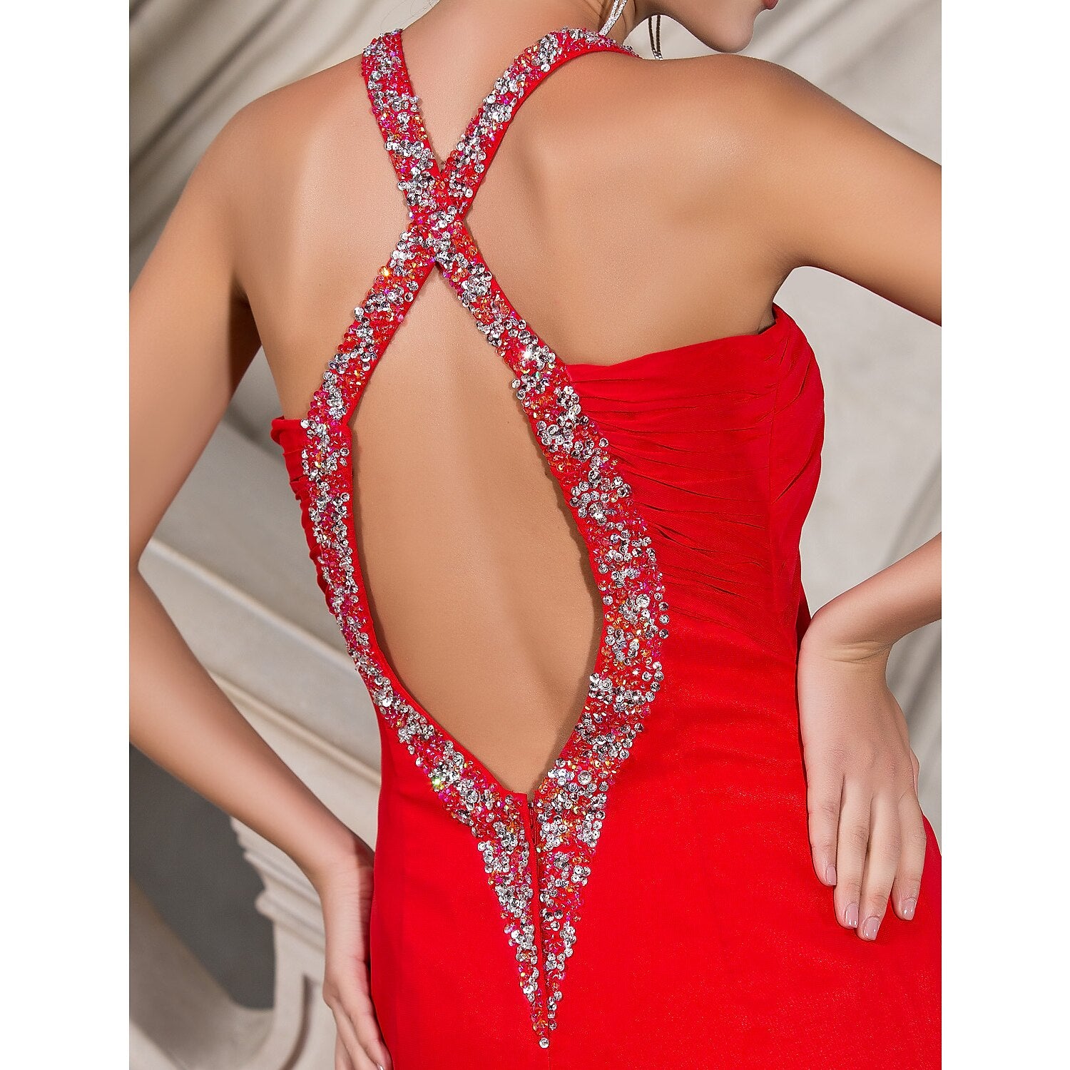 A-Line Celebrity Style Dress Wedding Guest Formal Evening Floor Length Sleeveless Plunging Neck Chiffon with Beading