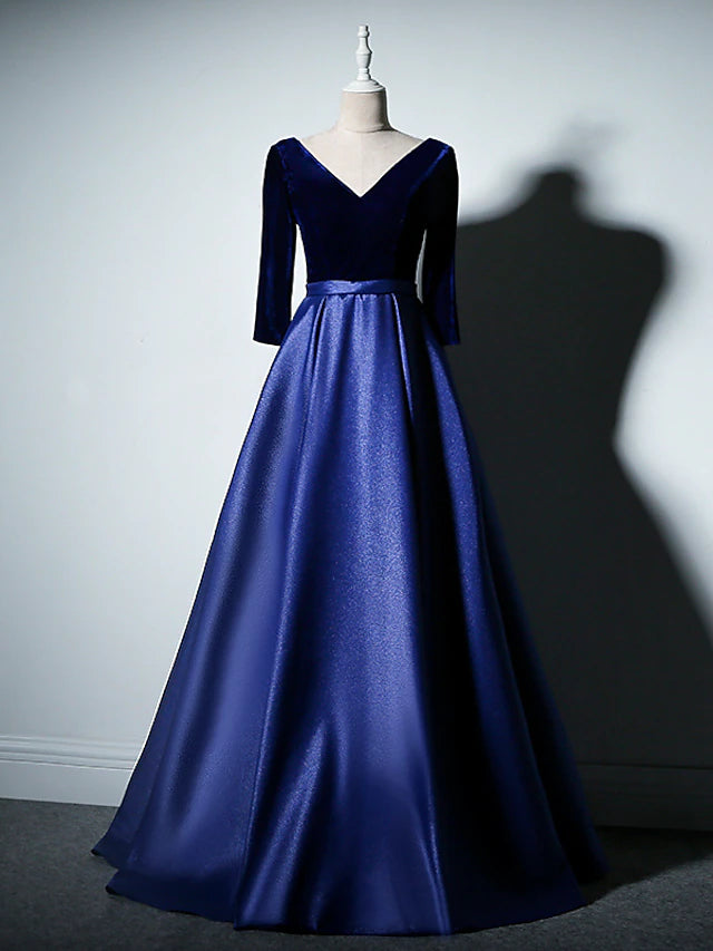 A-Line Mother of the Bride Dress Simple Elegant V Neck Floor Length Taffeta Velvet Long Sleeve with Pleats