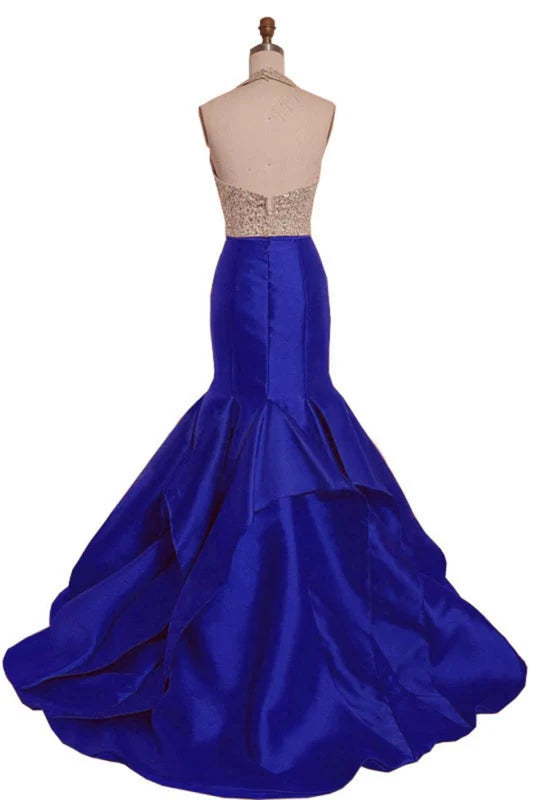 Mermaid Satin Strapless Long Sequins Neck Backless Prom Dress