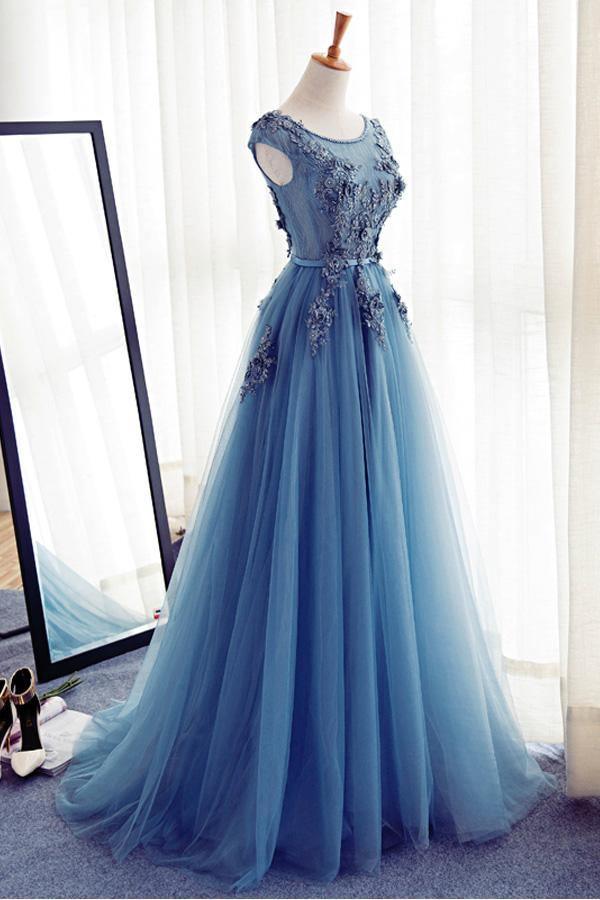 Round Neck Tulle Lace Long Prom Dress