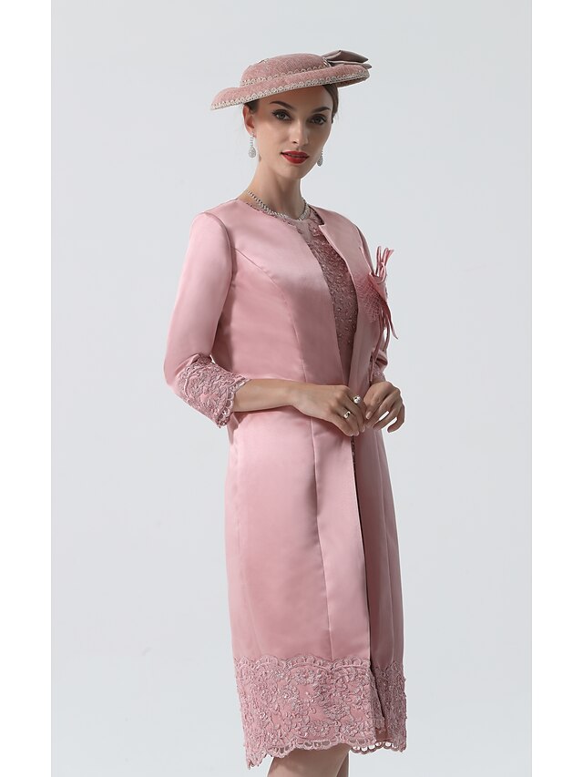 Sheath / Column Mother of the Bride Dress Vintage Plus Size Jewel Neck Knee Length Satin Lace 3/4 Length Sleeve Jacket Dresses with Appliques