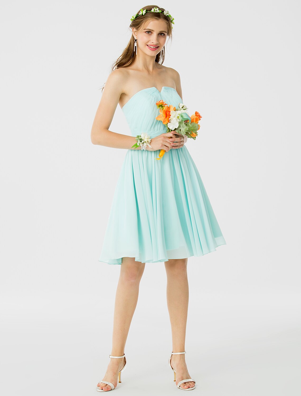 Prinzessin / A-Linie Brautjungfernkleid mit Kerbe, ärmellos, offener Rücken, knielang, Chiffon mit Rüschen / Drapierung