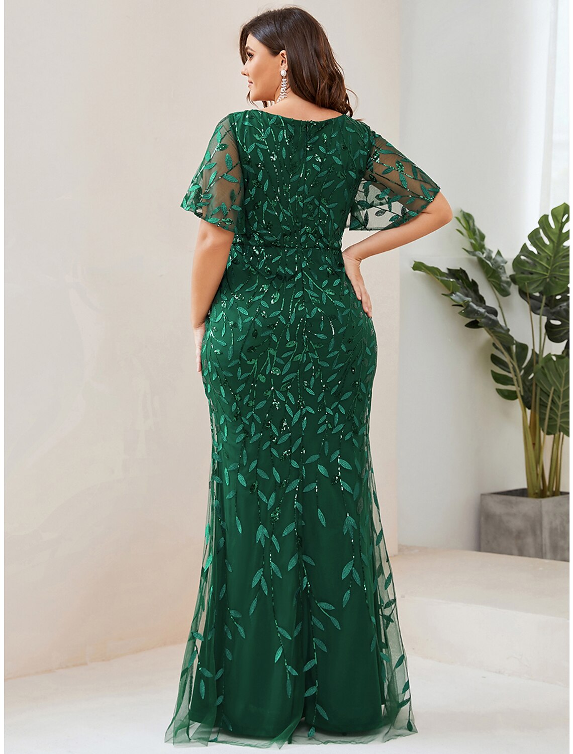 Mermaid / Trumpet Evening Gown Sparkle Dress Formal Floor Length Short Sleeve V Neck Fall Wedding Guest Tulle with Sequin