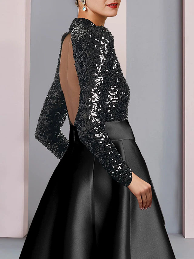 A-Line Mother of the Bride Dress Wedding Guest Elegant Sparkle & Shine High Neck Tea Length Satin Sequined Long Sleeve with Bow(s) Pleats