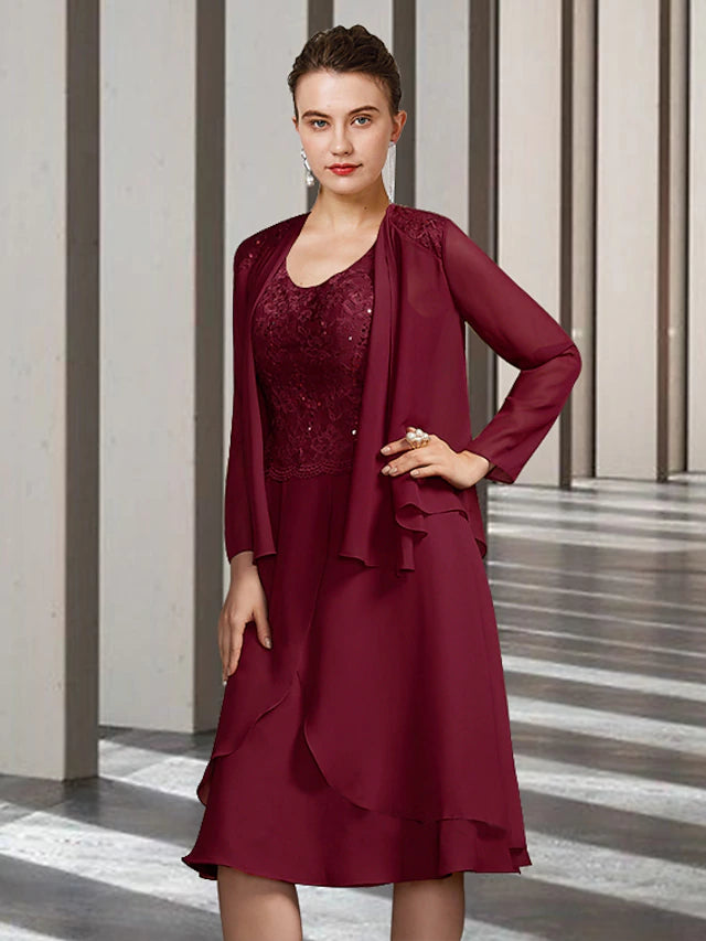 Two Piece Sheath / Column Mother of the Bride Dress Church Elegant Scoop Neck Knee Length Chiffon Lace Long Sleeve with Ruffles Appliques