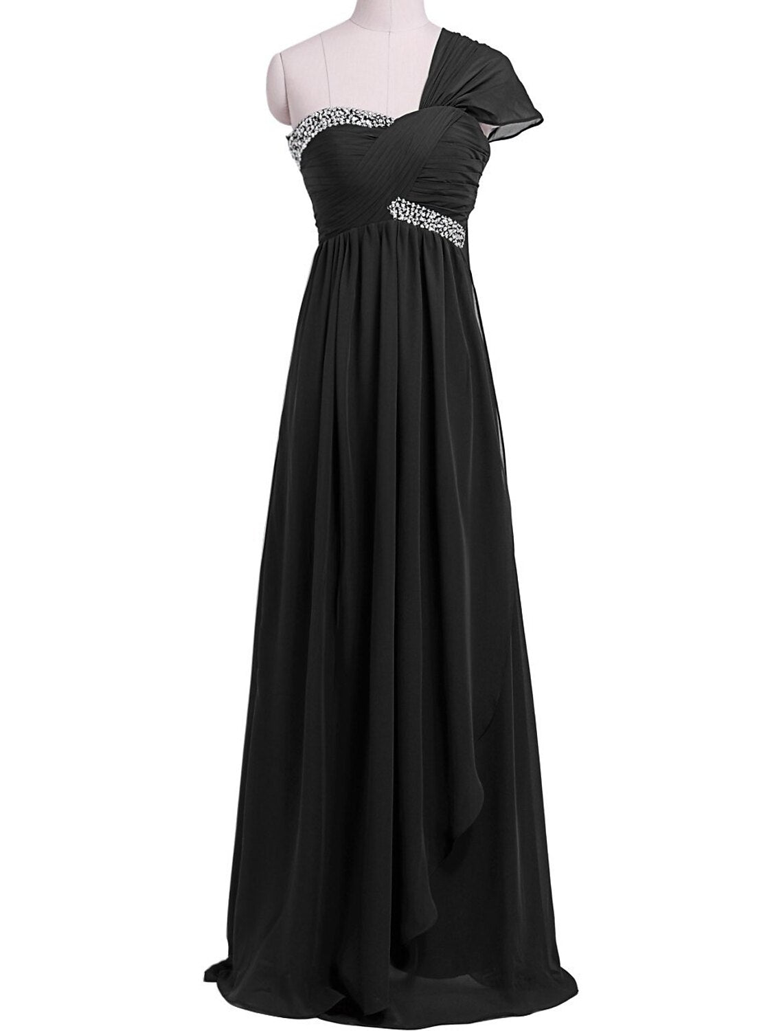 Etuikleid/Säulenkleid, Abendkleid mit schönem Rücken, Hochzeitsgast, bodenlang, kurze Ärmel, eine Schulter, Chiffon mit Falten, Pailletten