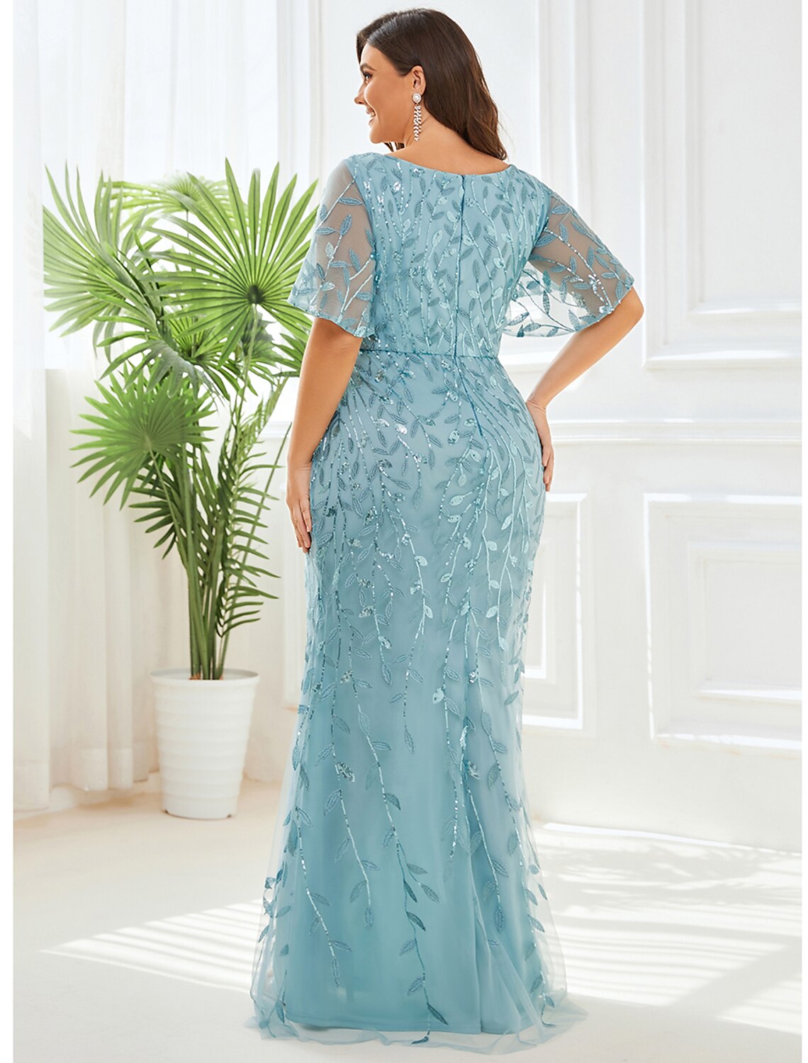 Mermaid / Trumpet Evening Gown Sparkle Dress Formal Floor Length Short Sleeve V Neck Fall Wedding Guest Tulle with Sequin