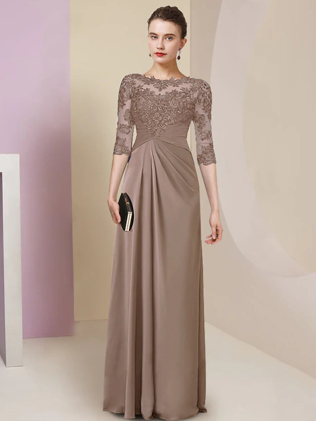 Sheath / Column Mother of the Bride Dress Simple Elegant Jewel Neck Floor Length Chiffon Lace Half Sleeve with Pleats Solid Color