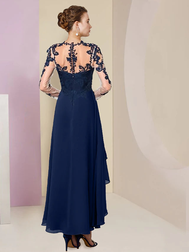 A-Line Mother of the Bride Dress Formal Wedding Guest Elegant High Low Scoop Neck Asymmetrical Tea Length Chiffon Lace 3/4 Length Sleeve with Pleats Appliques